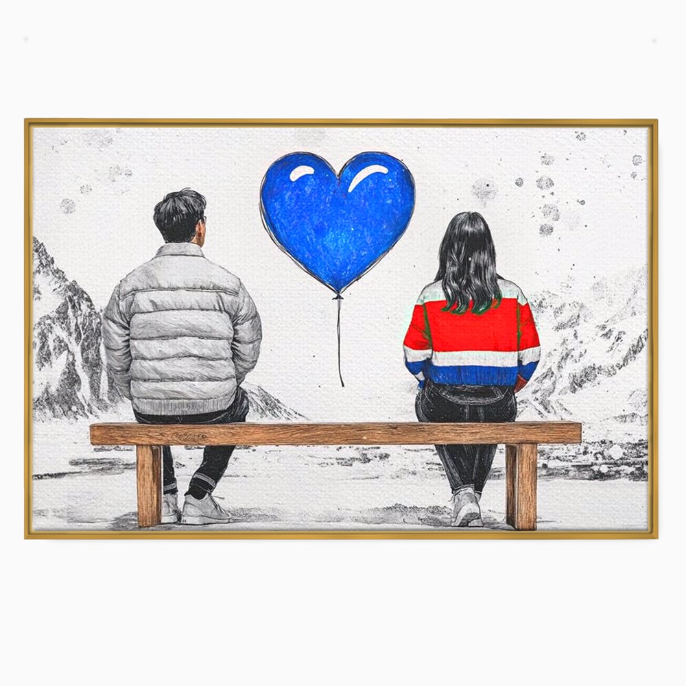 Tablou canvas cu ilustratie cu doi tineri pe banca, in rama de aluminiu auriu